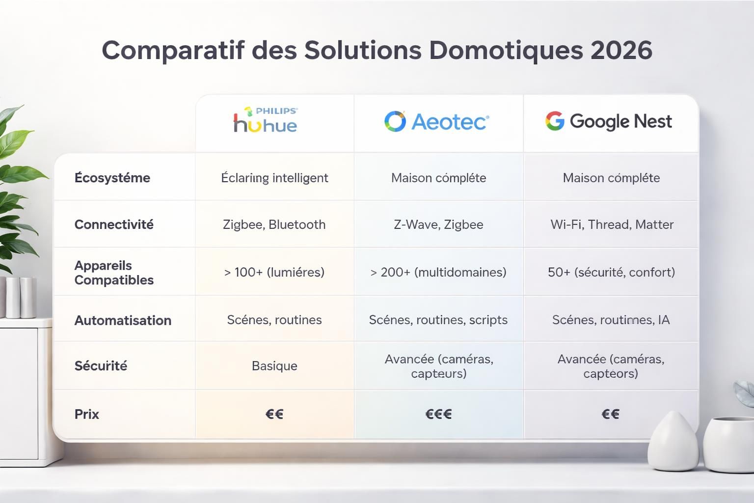 comparatif complet 2026 entre philips hue, aeotec et google nest : analyse des technologies zigbee, z-wave et thread pour choisir la meilleure solution domotique.