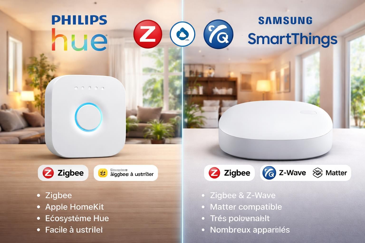 découvrez notre comparatif 2026 des protocoles domotiques zigbee, z-wave, wi-fi et matter entre philips et samsung pour choisir la solution la plus adaptée à votre maison connectée.
