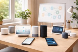 comparez google nest et amazon echo en 2026 pour choisir l'assistant vocal domotique idéal, en fonction de leurs fonctionnalités, compatibilités et performances.