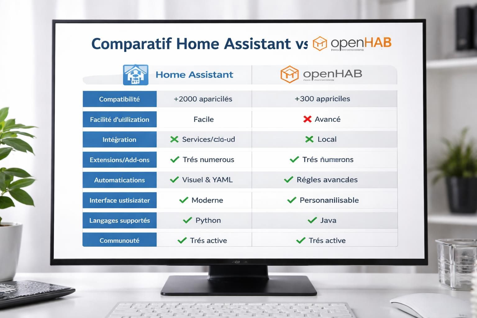 découvrez une comparaison complète entre home assistant et openhab pour choisir la meilleure plateforme domotique open source en 2026, selon vos besoins et préférences.